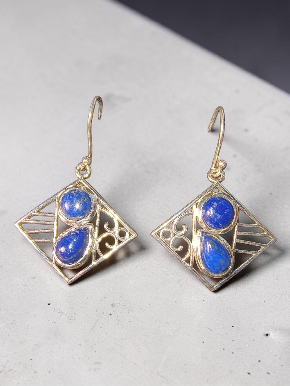 Natural Lapis & Sterling Silver Dangle Contemporary Earrings Brand New
